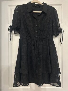 Allegra K Black Floral Textured Short Sleeve Tie-Waist Mini Dress